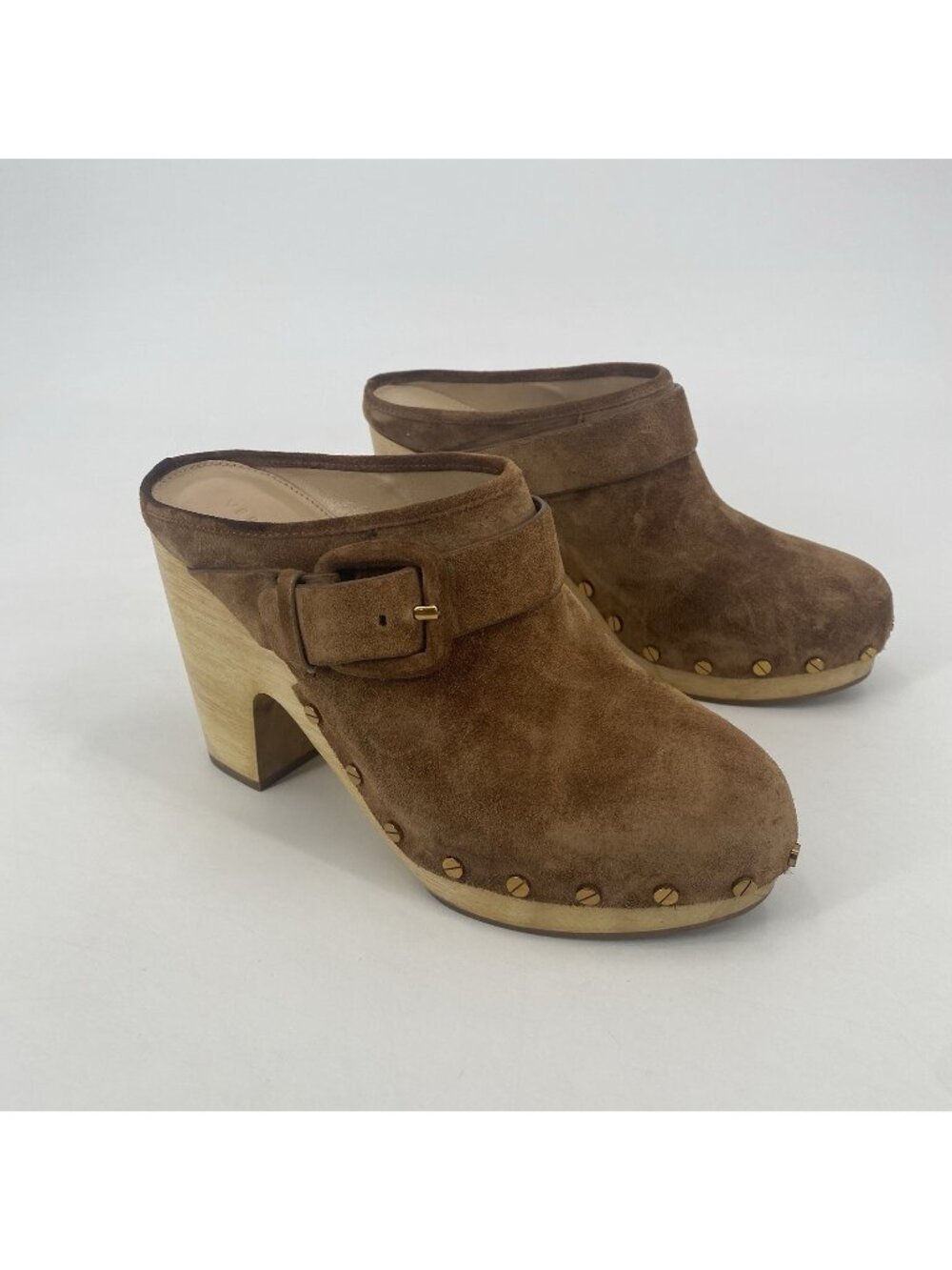 Veronica Beard Size 7 Dacey Suede Mule Clogs Studded Wooden Sand Brown